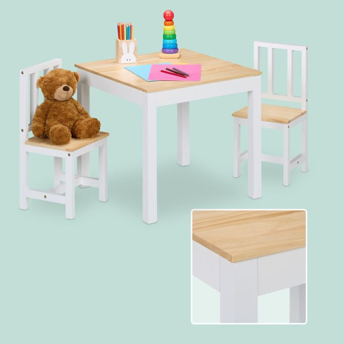 Relaxdays Kinderstuhl – 57 × 57 × 51,5 cm, quadratisch – MDF & Kiefernholz – natur/weiss – mit 2 Stühlen