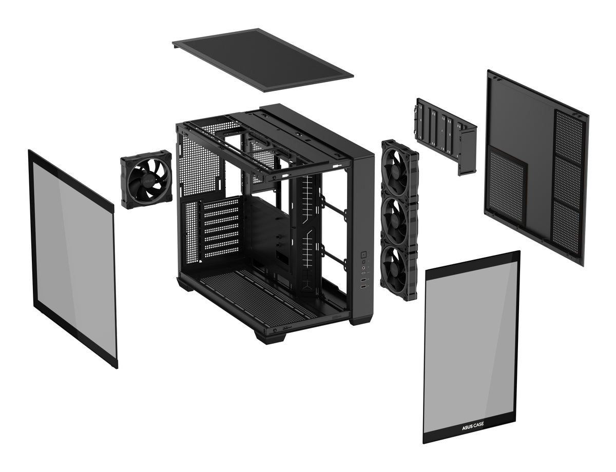 ASUS A32 PLUS TG – PC-Gehäuse (Mid-Tower) – für ATX/mATX/ITX, 2×3,5" + 3×2,5", 4×120 mm, ARGB, Schwarz
