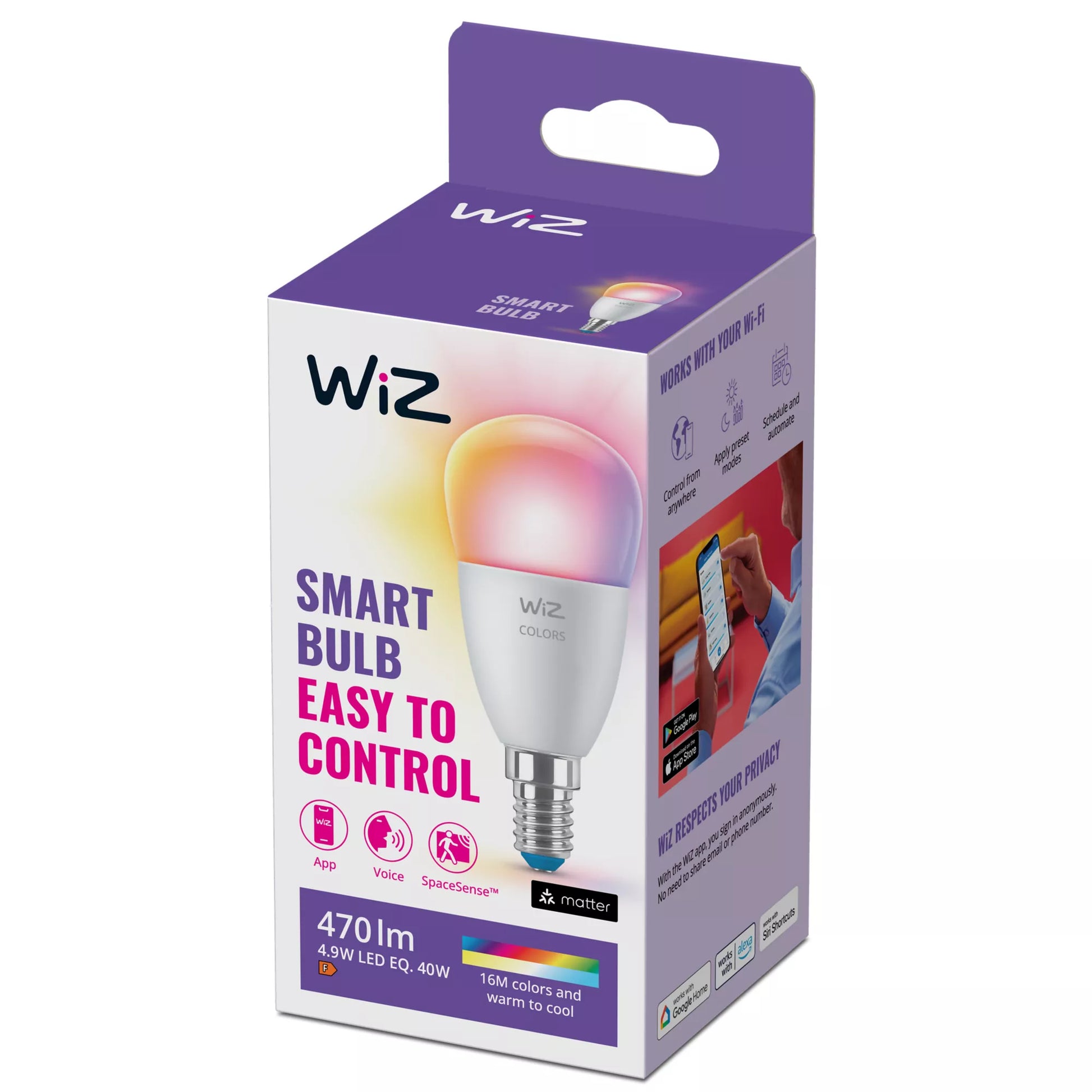 WiZ Smart-Leuchtmittel E14 P45 – RGB+CCT 2200–6500 K, 470 lm, 4,9 W, Bluetooth – IP20 – 1 Stk.