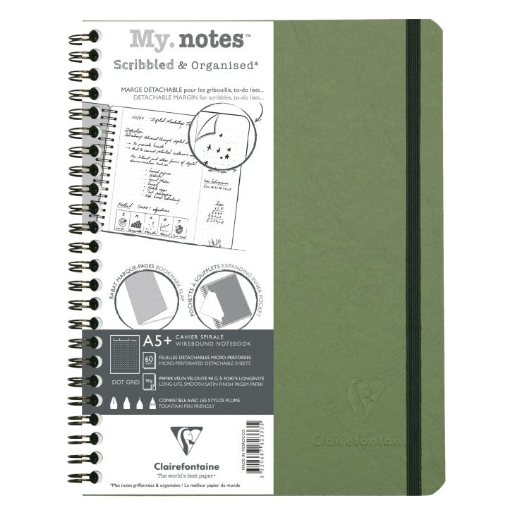 Clairefontaine Notizbuch – A5+ – 120 Seiten – 90 g/m² – Doppelspirale, perforiert, Einstecktasche, grün, PEFC