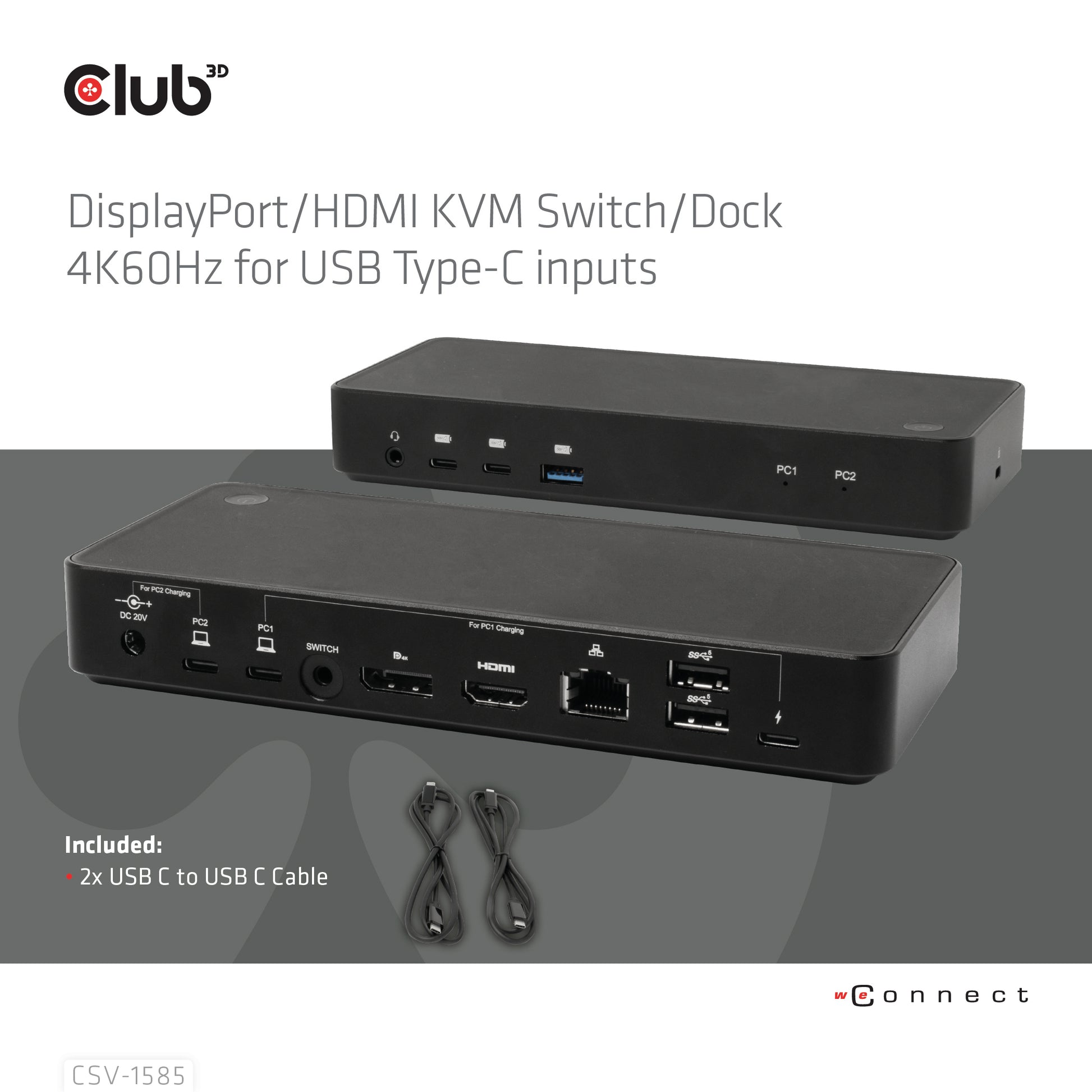 CLUB3D Club 3D – KVM-Switch, USB-C/3× USB 3.2 Gen 1 Typ A/HDMI/DisplayPort/LAN, PD 120 W, 1 Gbit/s