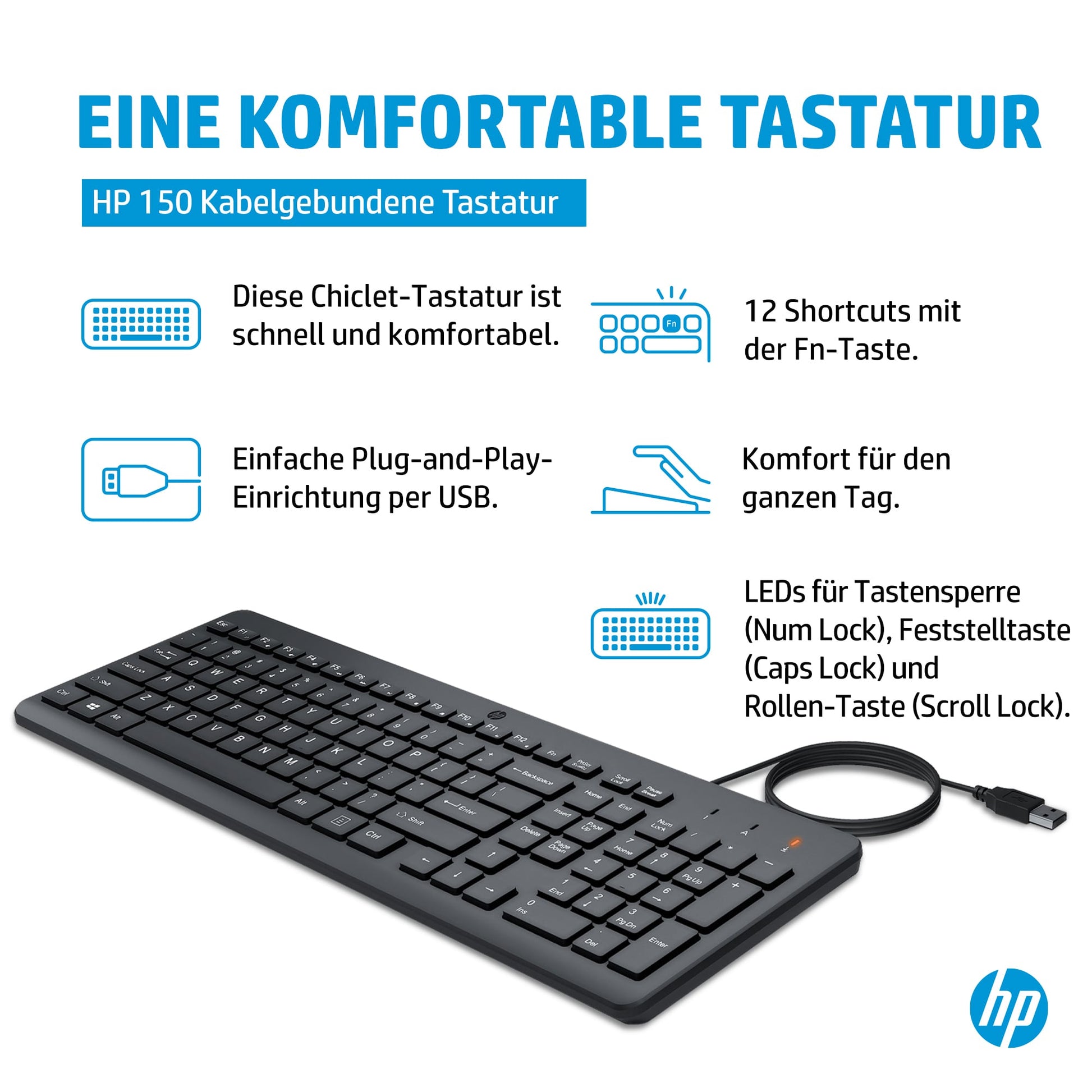 HP 150 – Tastatur – 100% – mechanisch – kabelgebunden, USB‑A – QWERTY (US‑INT) – Schwarz