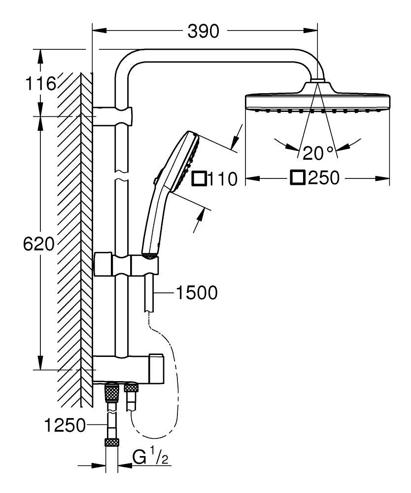 GROHE Duschsystem Vitalio – 25×39×73,6 cm, Messing, Schlauch 150 cm, Schwarz