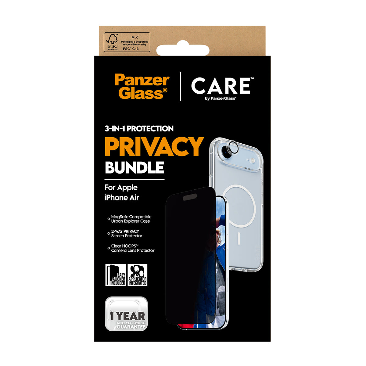 PanzerGlass Schutz-Set Privacy-Filter – für Apple iPhone Air, kratzresistent, stossfest, Hartglas, Folie