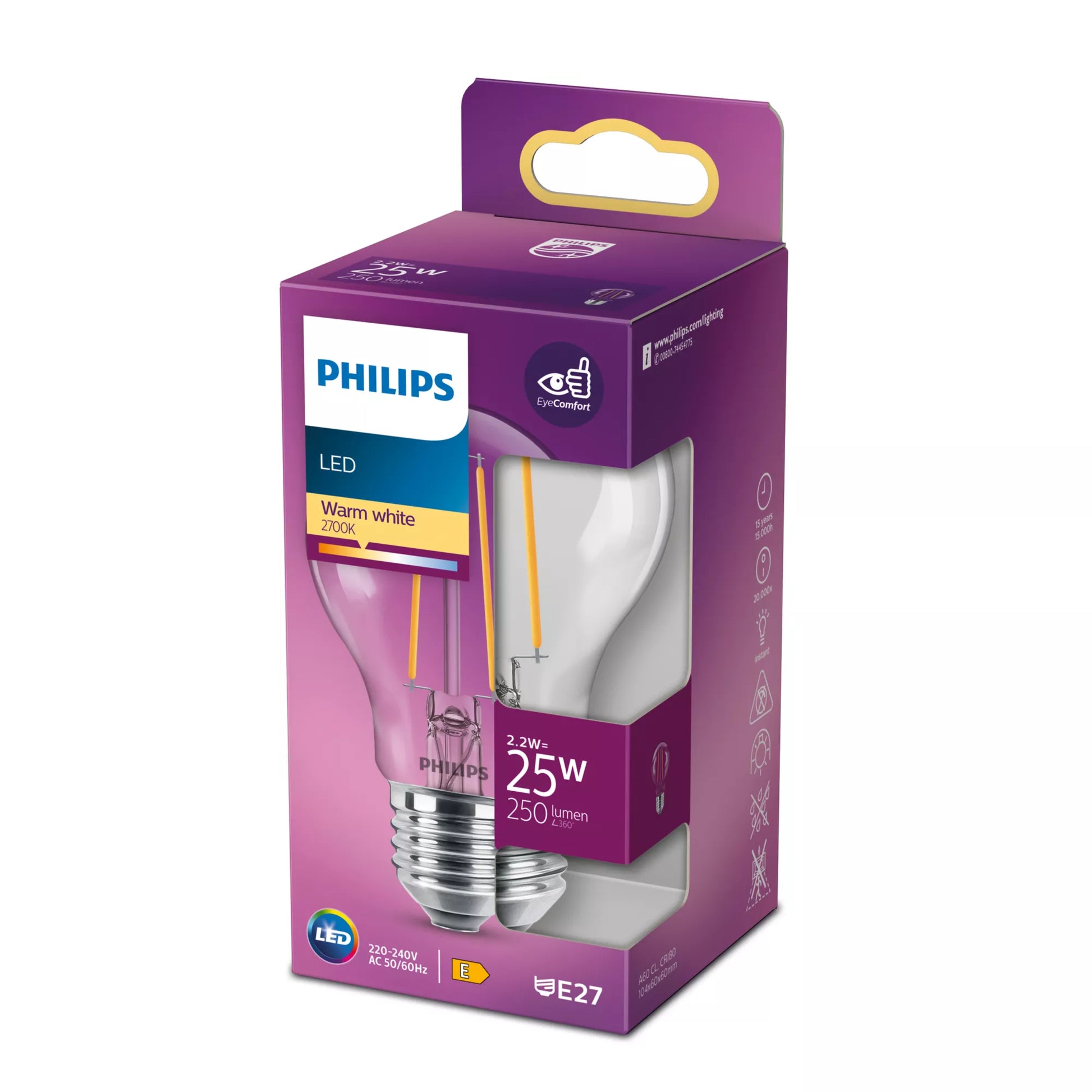 Philips by Signify Philips LED-Leuchtmittel E27 A60 – Warmweiss 2700 K, 250 lm, 2,2 W – IP20 – 1 Stk. – Transparent