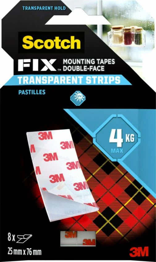 Scotch Transparente Montagestreifen – 25 × 76 mm, bis 0,5 kg, für Glas/Metall/Acryl, Innen, 8 Stk., UV-beständig