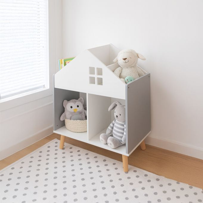 Relaxdays Kinderregal Haus – freistehend – 6 Böden – 60 × 30 × 65,7 cm – MDF – grau/weiss