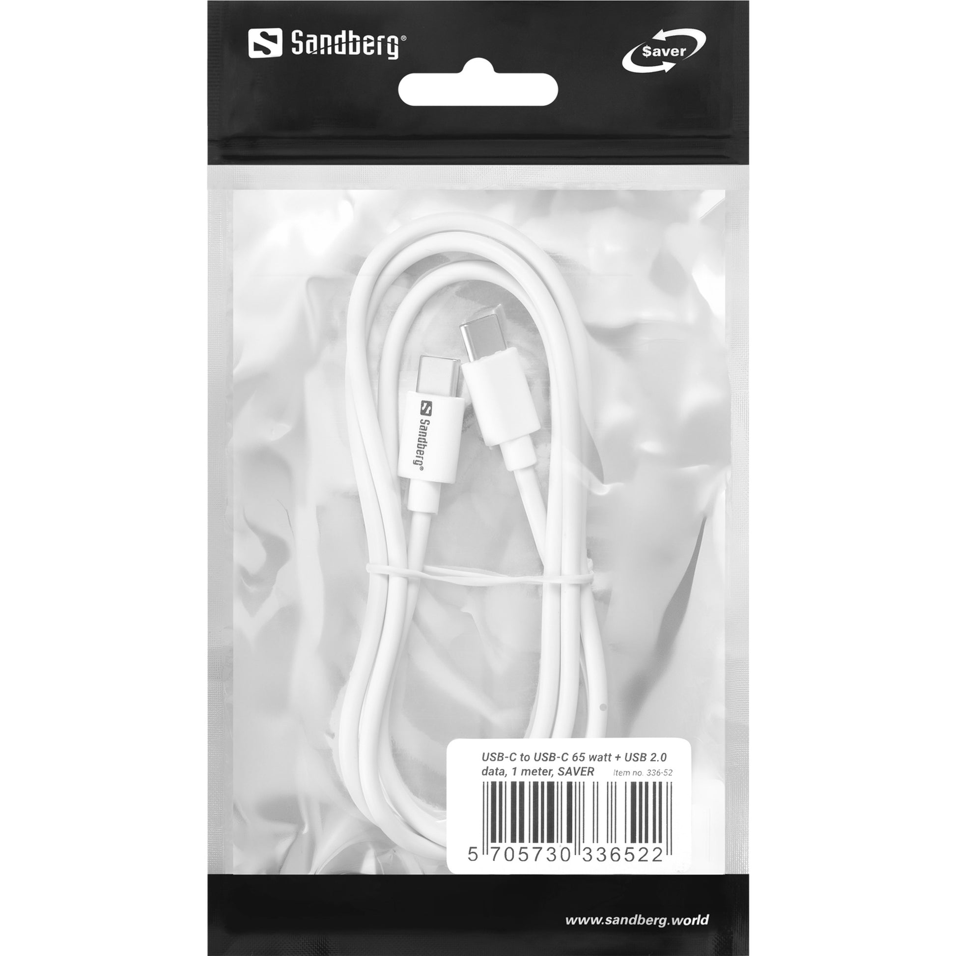 Sandberg USB-C auf USB-C Kabel – USB 2.0 (480 Mbit/s) – 1 m – PD 65 W – Weiss