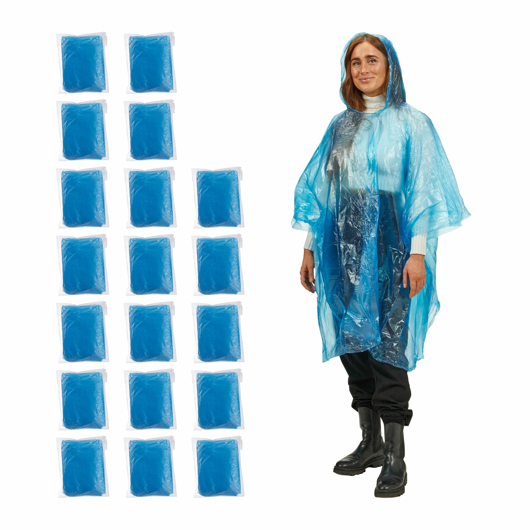 Relaxdays Regenponcho – Einheitsgrösse, 20 Stück – Blau, Polyethylen (PE), mit Kapuze, 125×122×98 cm