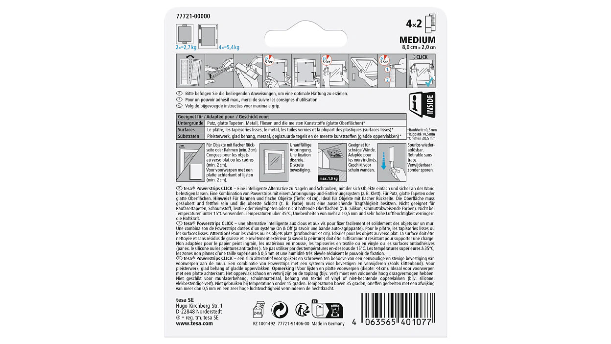 Tesa Montageband Powerstrips, für glatte Oberflächen – 20 mm × 0,08 m, weiss, bis 5,4 kg