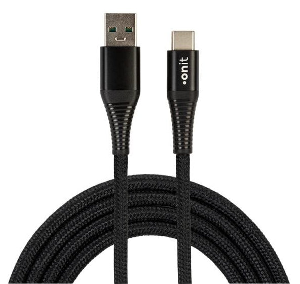 ONIT USB-A auf USB-C Kabel – USB 2.0 (480 Mbit/s) – 1 m – PD 66 W – Textilmantel, Verstärkt – Schwarz