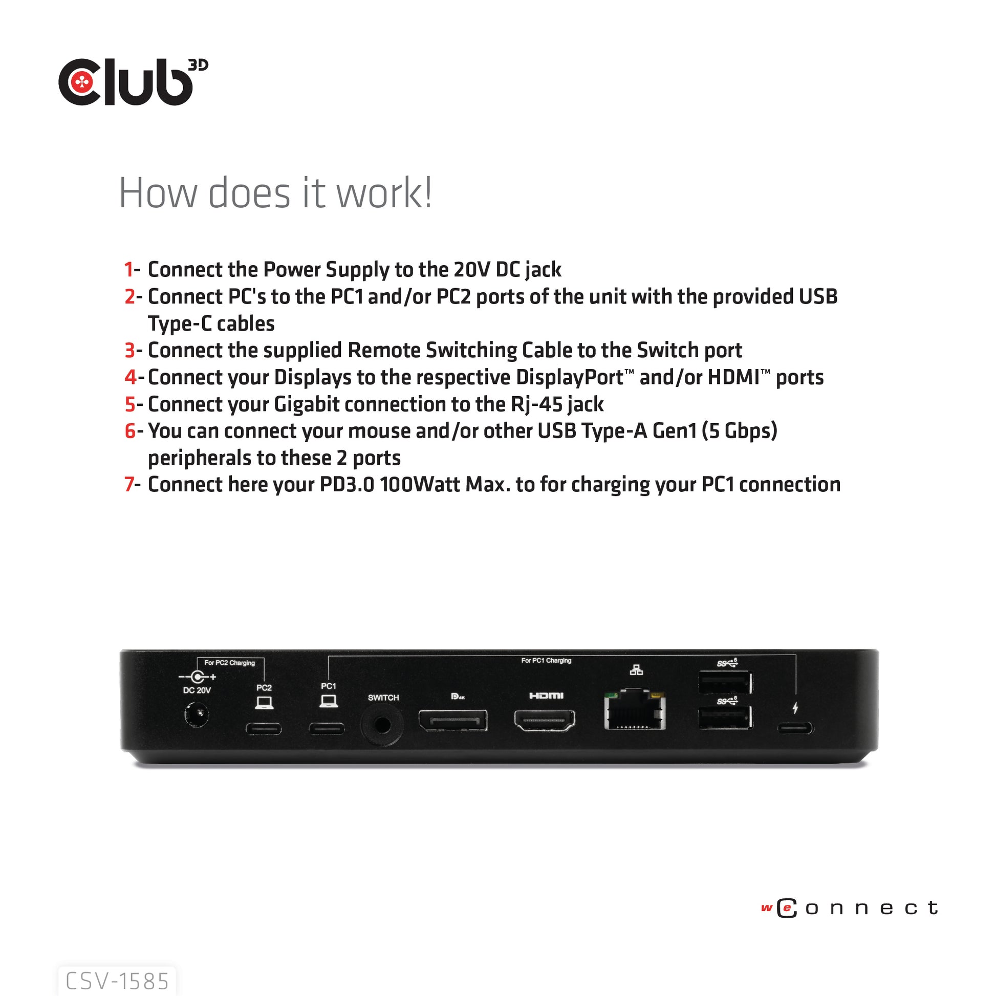 CLUB3D Club 3D – KVM-Switch, USB-C/3× USB 3.2 Gen 1 Typ A/HDMI/DisplayPort/LAN, PD 120 W, 1 Gbit/s