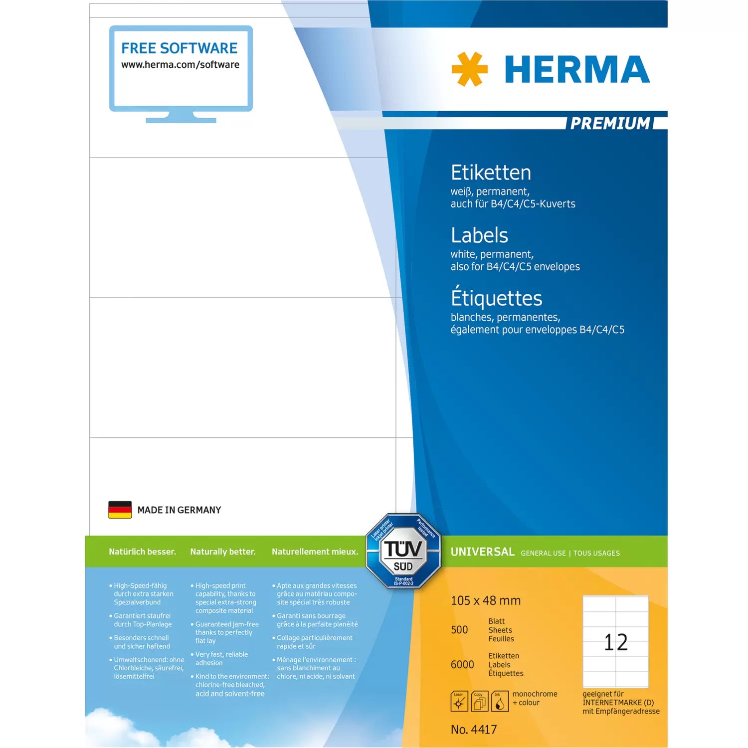 HERMA Etiketten auf Bogen, 105 mm × 48 mm, weiss, Papier, permanent, 500 Blatt (6 000 Etiketten)