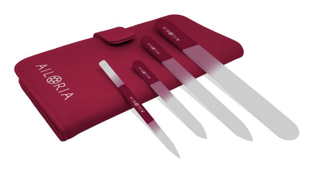 Ailoria Nagelfeilenset CONTOUR PRIME – Glasfeilen, 4 Stk – Kunstlederetui, Magenta