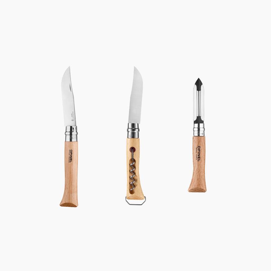 Opinel 5-teiliges Messerset, Edelstahlklingen, Holzgriff, inkl. Schneidebrett