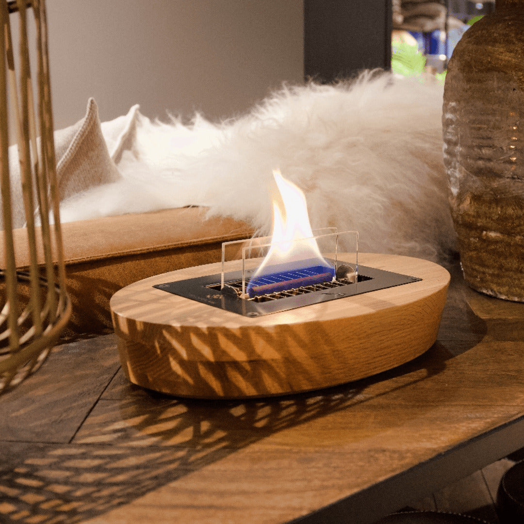 Tenderflame Tischkamin – Ø 33 × 7 cm – Holz & Stahl, natur