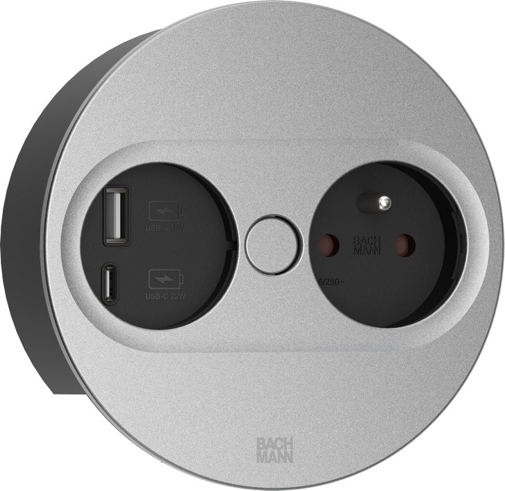 Bachmann TWIST 2 Steckdoseneinheit – 1×UTE, USB‑A + USB‑C 22 W, Einbau, 0,2 m, GST18, Silber