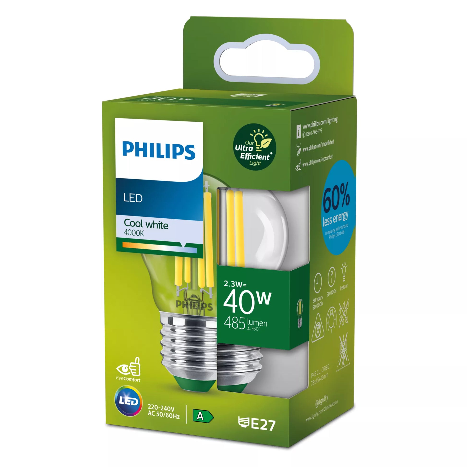 Philips by Signify Philips LED-Leuchtmittel E27 A60 – Neutralweiss 4000 K, 485 lm, 2,3 W – 1 Stk. – Transparent, Glas