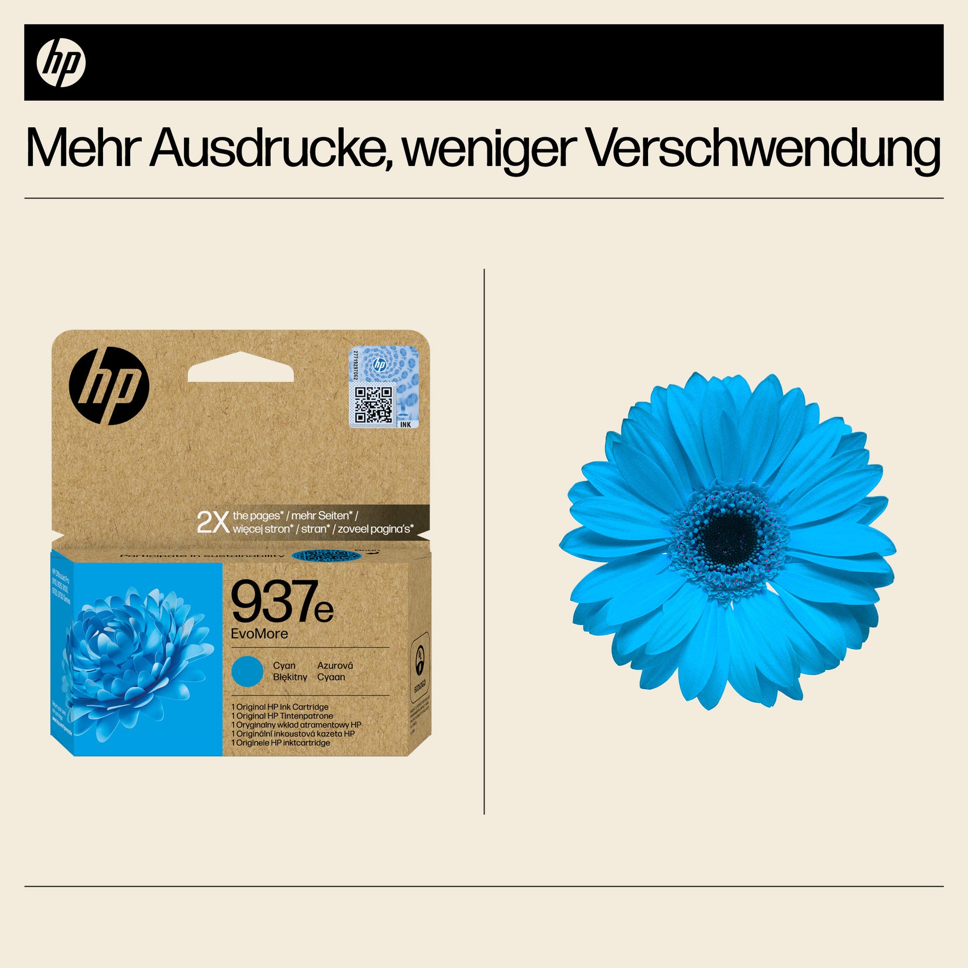 HP 937e EvoMoreXL Cyan Tintenpatrone (Original) – 1'650 Seiten – für HP 937e