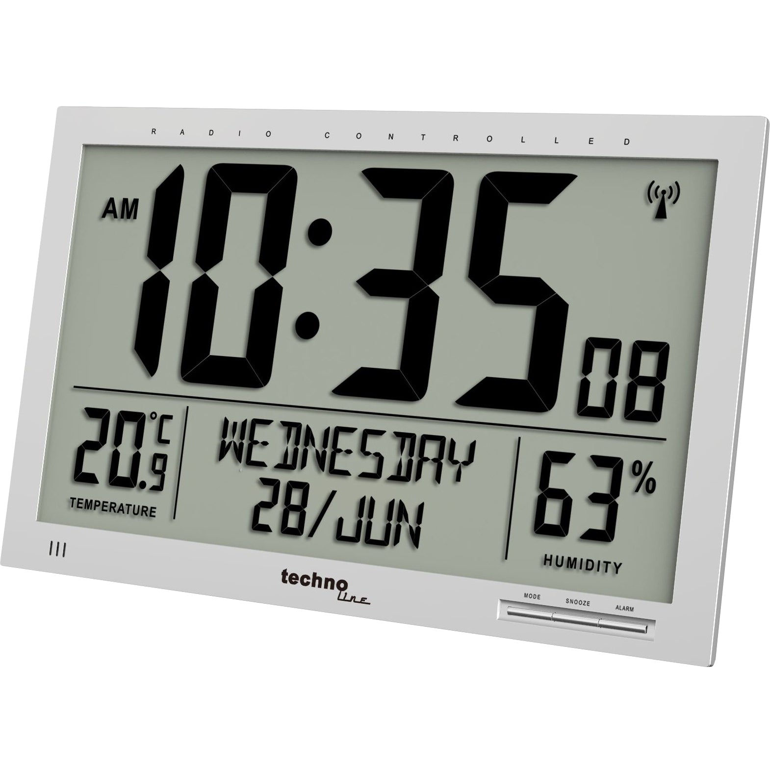 Technoline Digitale Wanduhr WS8013 – Funkgesteuert – 36,9 × 27 × 0,2 cm, Grau, Kunststoff