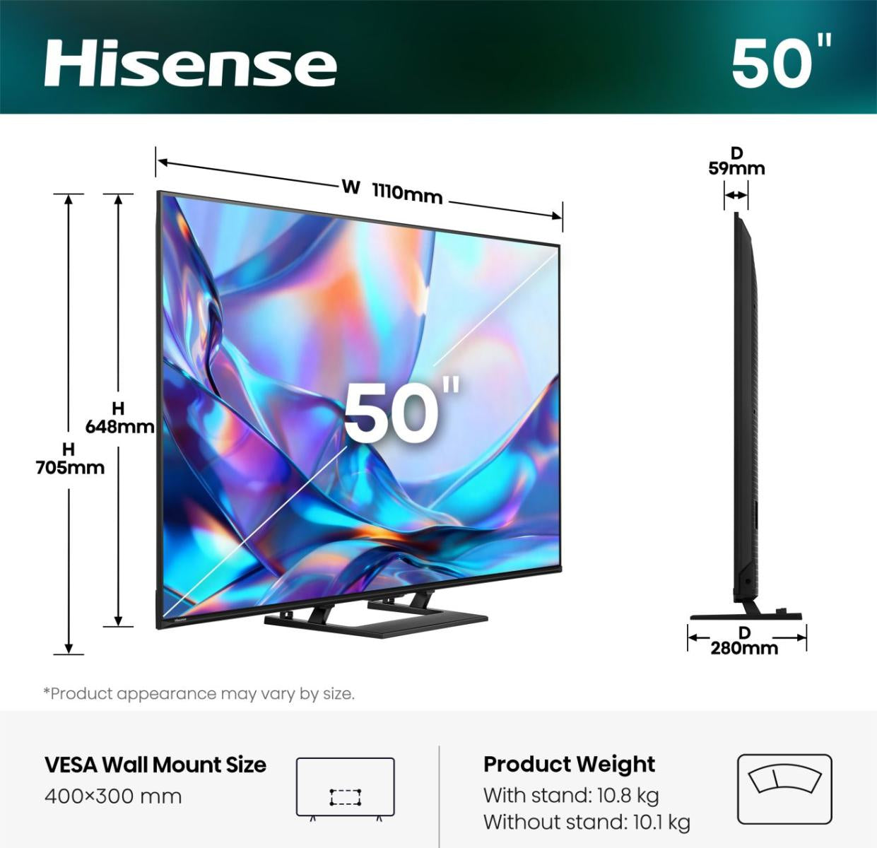Hisense A7DS – 50" QLED Fernseher – 4K UHD – QLED – VIDAA – 60 Hz – 350 cd/m² – Dolby Vision