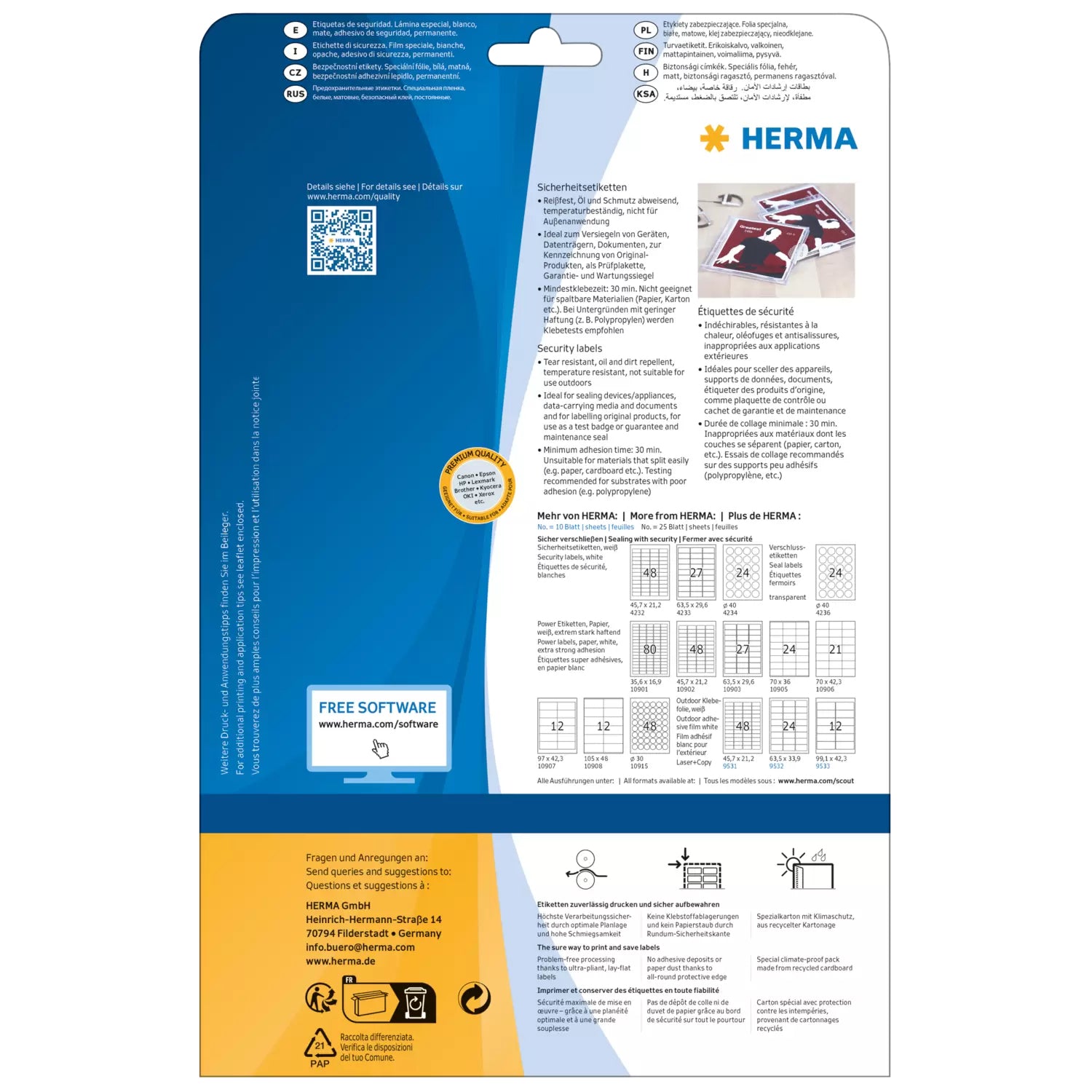HERMA Etiketten A4 46 × 21 mm – Folie, weiss – permanent haftend – Laser – 48 pro Blatt, 25 Blätter