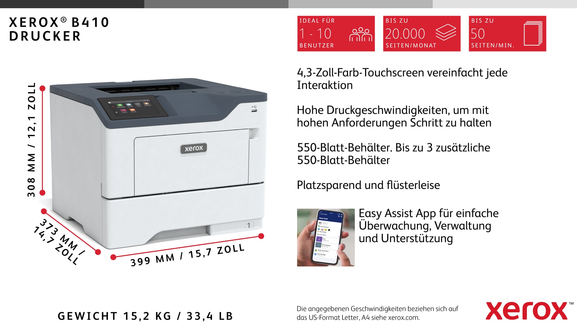 Xerox B410 – A4, 47 Seiten/Min, 1200 dpi, USB
