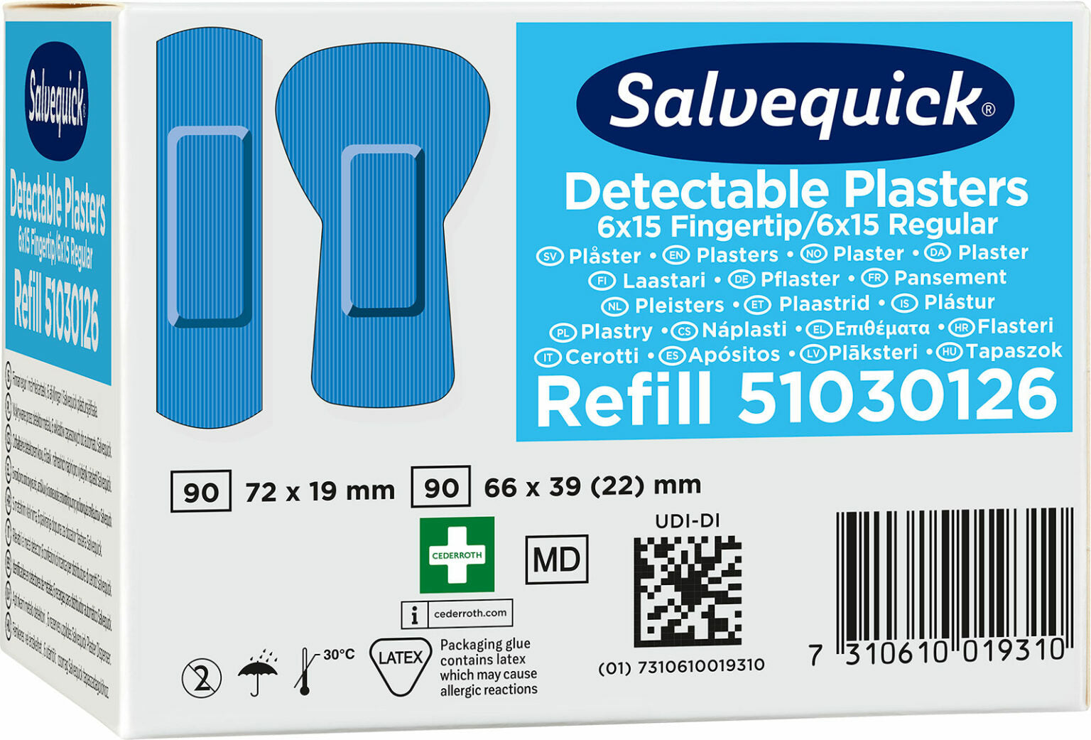Cederroth Pflaster-Nachfüllpackung detektierbar, sortiert – 30 Stück, für Salvequick Spender, blau