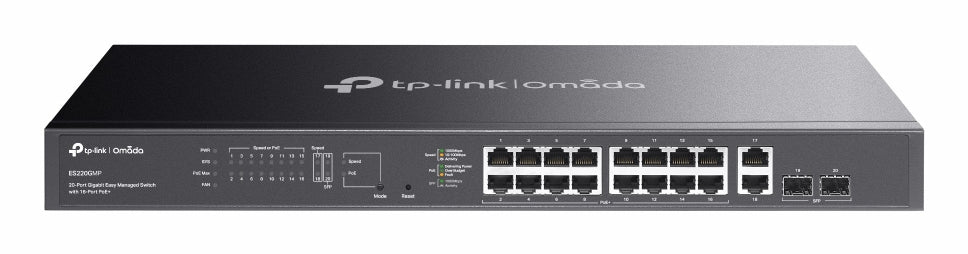 TP-Link ES220GMP – Managed L2 Switch – 18× 1G (16× PoE+), 2× SFP, PoE-Budget 250 W, 19", 1U