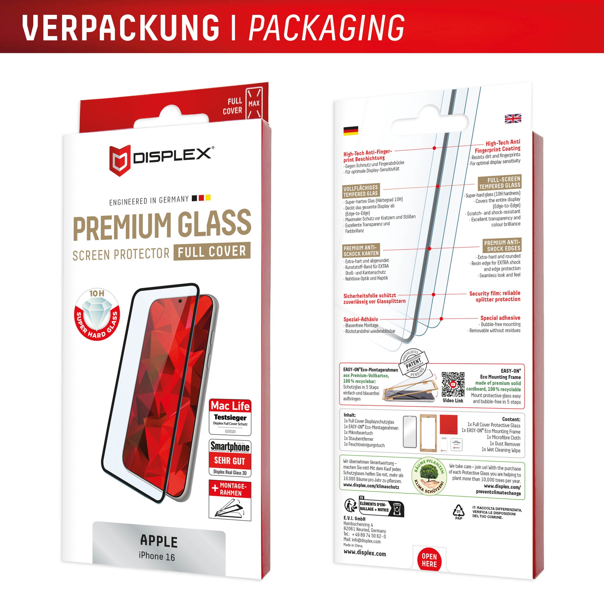 Displex Displayschutz (Panzerglas), Full Cover – für iPhone 16 – mit Applikator