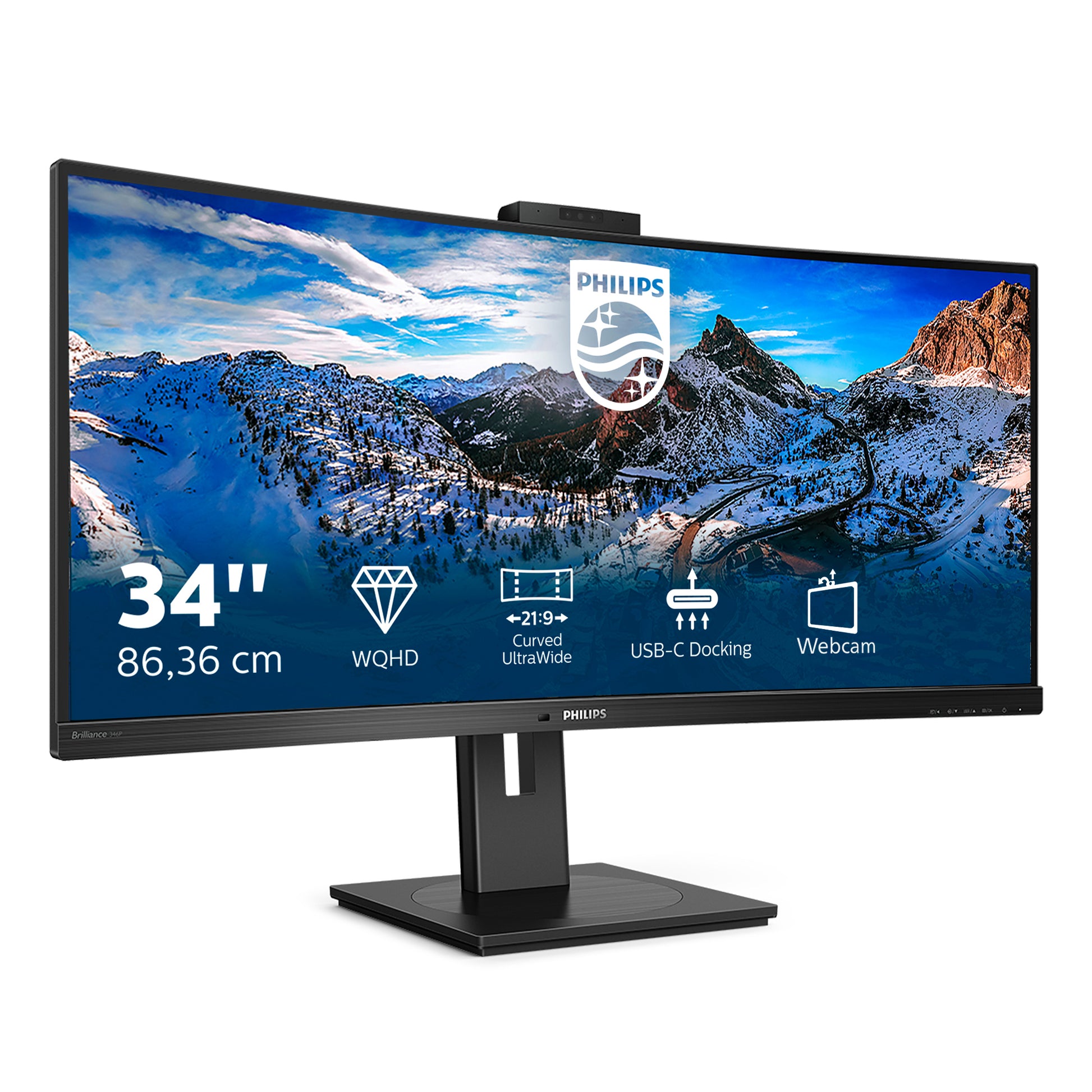 Philips 346P1CRH/00 – 34" Curved, 3440 × 1440 (UWQHD), VA, 100 Hz, USB‑C 90 W, Webcam, LAN, DisplayHDR 400