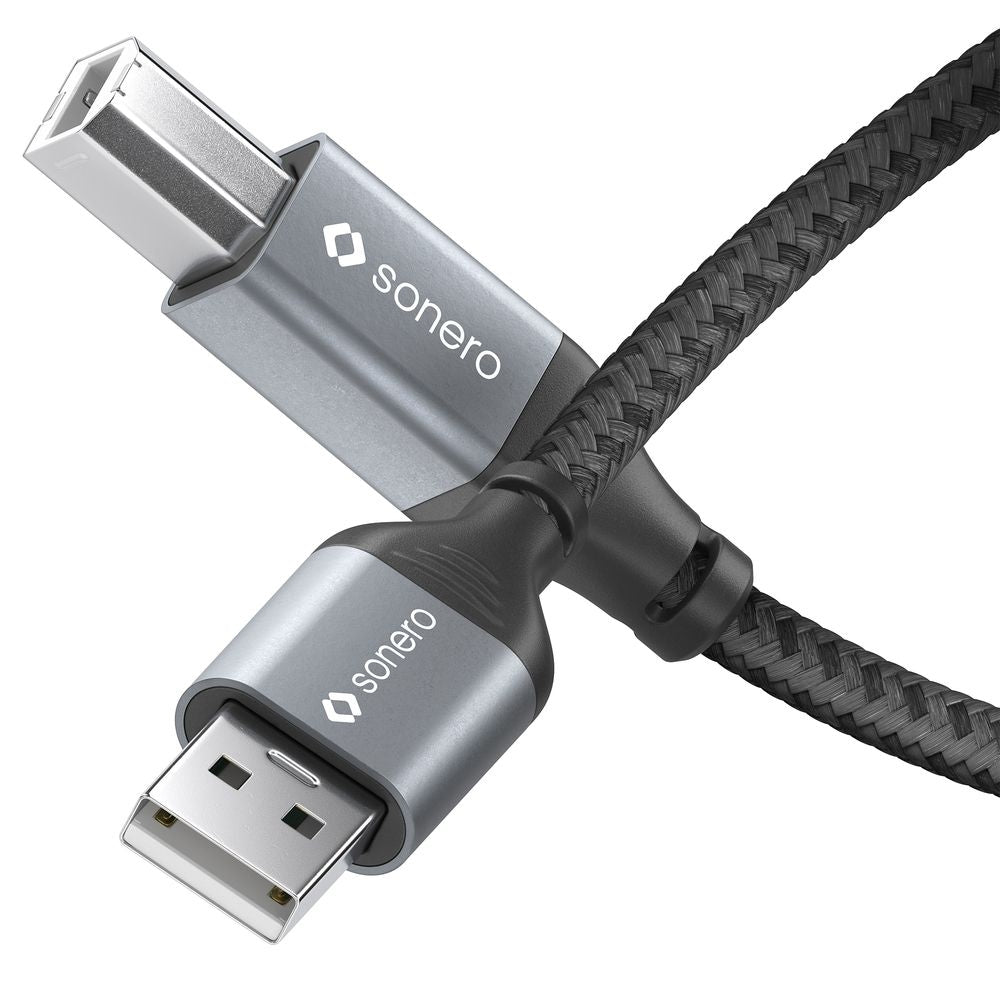 sonero USB-Kabel – USB-A auf USB-B – USB 2.0 (480 Mbit/s) – 3 m – Geflochten, Baumwolle – Schwarz/Grau
