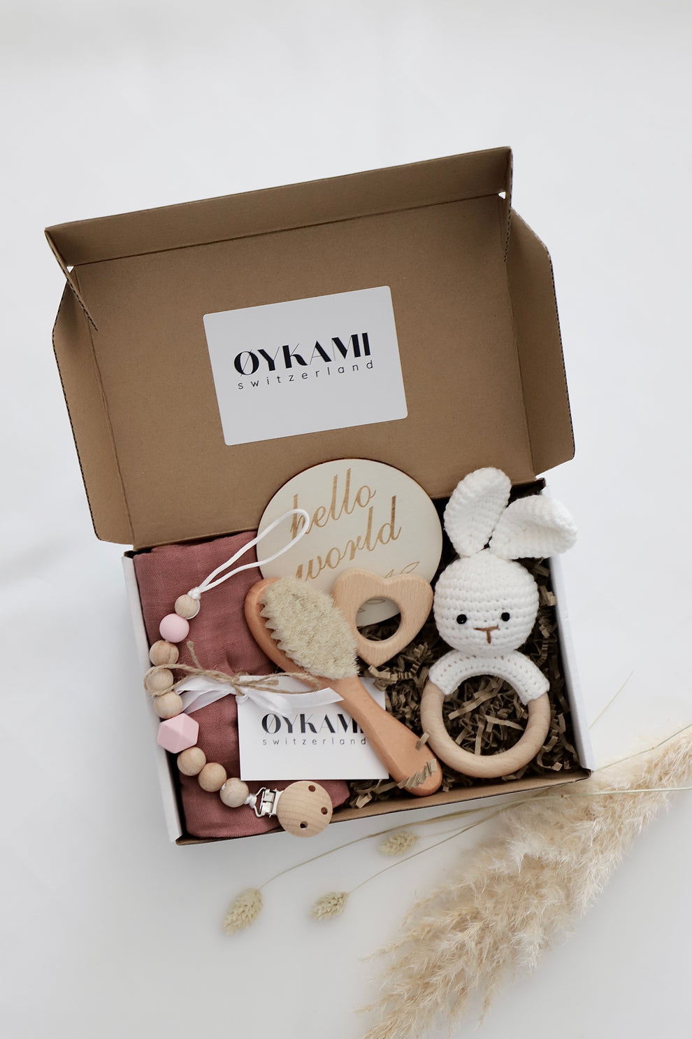 OYKAMI Geschenkbox – Holz, Baumwolle – Mehrfarbig (Weiss, Rosa, Beige)