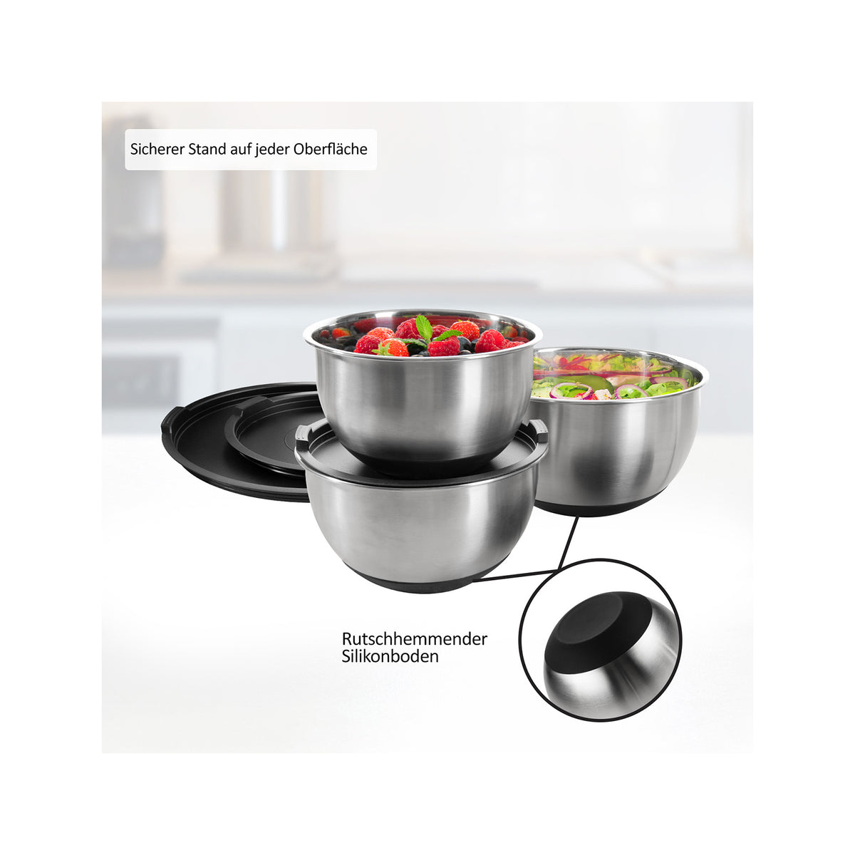 Genius Schüsseln – 3er Set, 1,6 l/2,2 l/3,7 l, Ø 16/18/22 cm, Edelstahl, Schwarz, mit Deckel