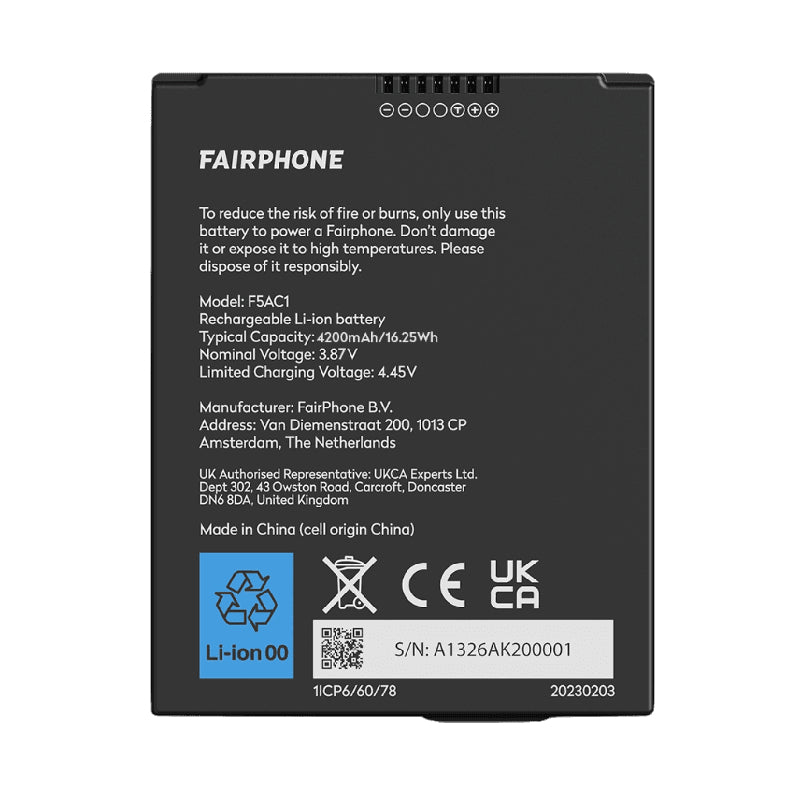 Fairphone Batterie V1 – Akku – für Fairphone 5 – 3,8 V, 4200 mAh – Schwarz