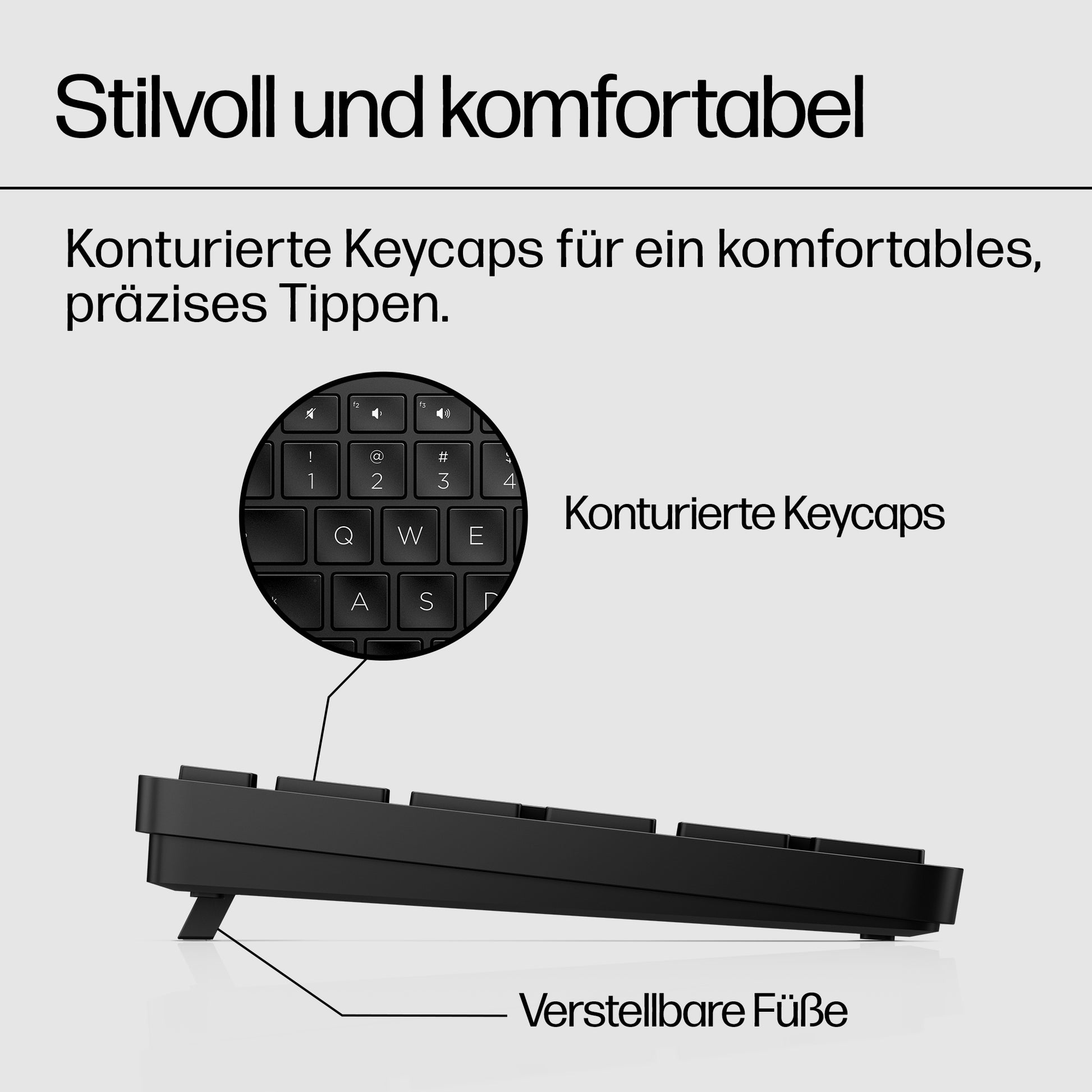 HP 450 – Tastatur – USB + RF 2,4 GHz, Full-Size, Niedriges Profil, Schwarz – für Windows 11