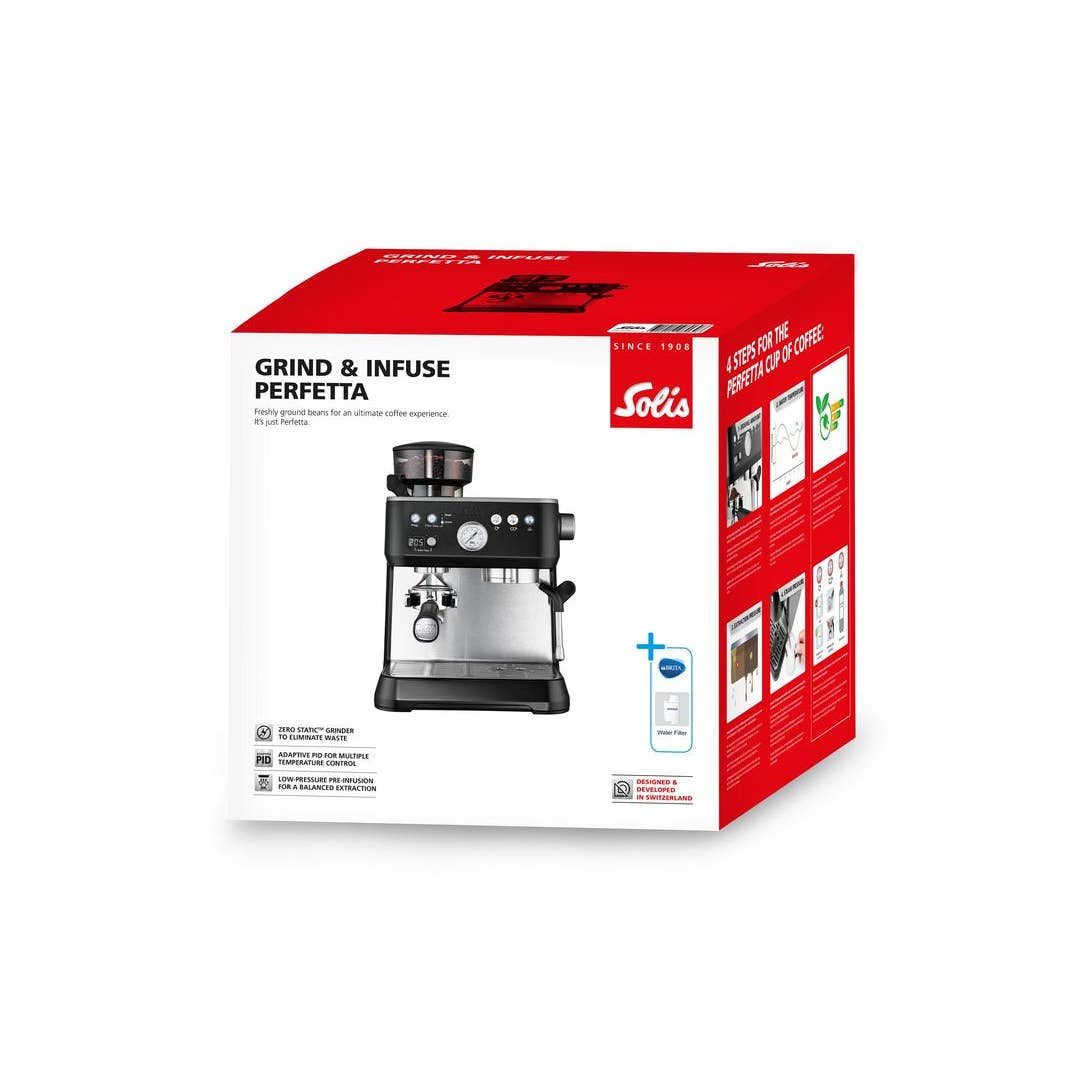 Solis Grind & Infuse Perfetta 980.69 Siebträgermaschine – 16 bar, 2,6 l, 250 g, mit Mahlwerk, Schwarz