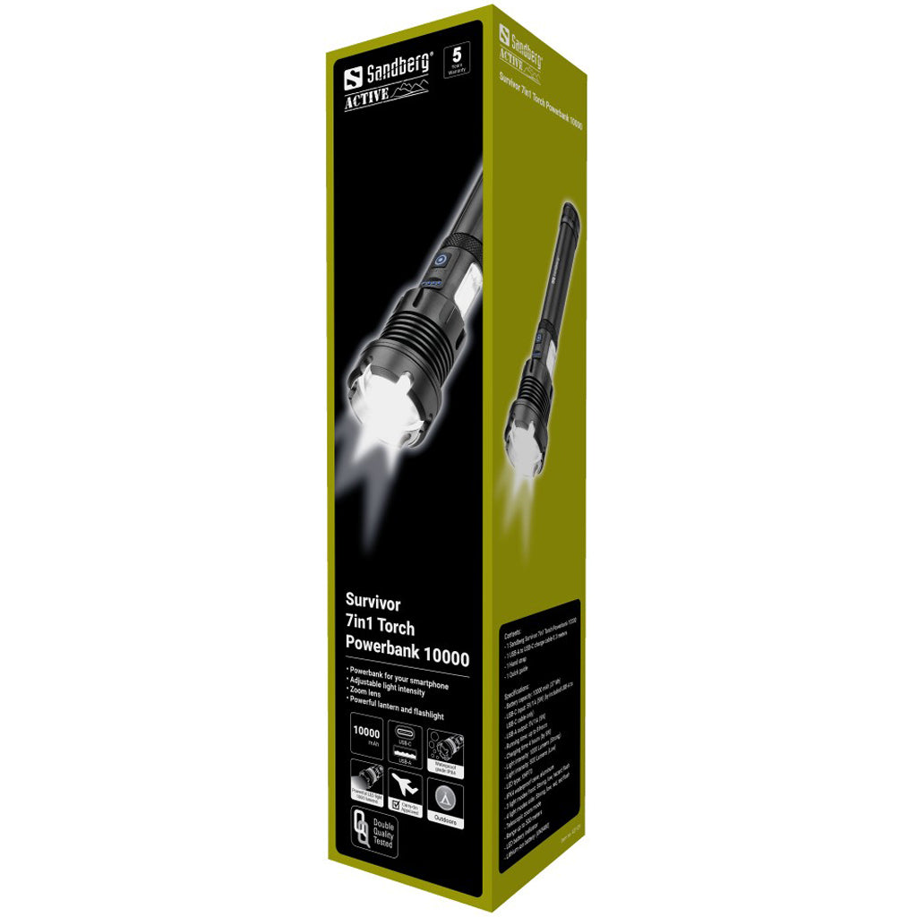 Sandberg Survivor 7in1 Taschenlampe Powerbank 10000 – 500 lm, Schwarz