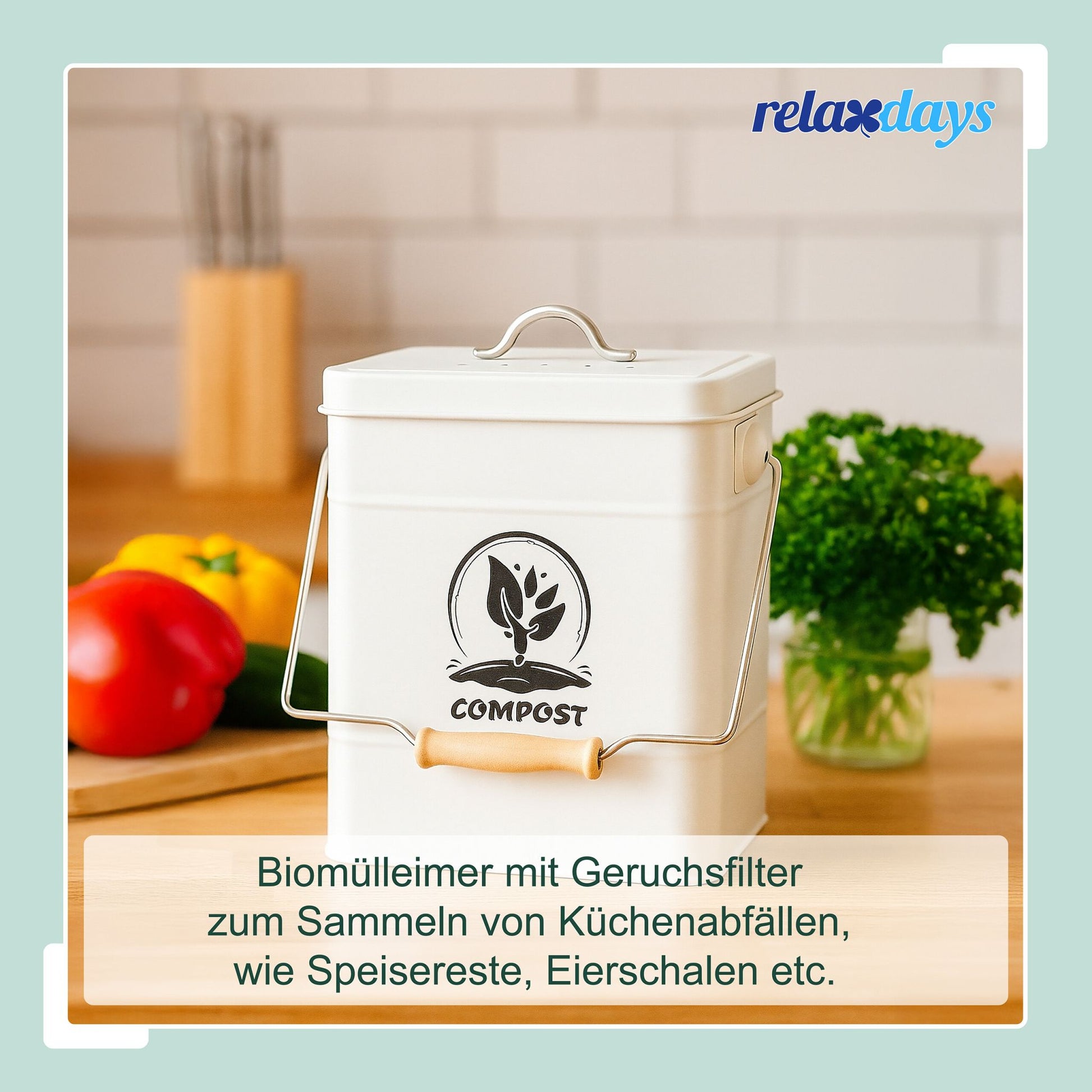 Relaxdays Komposteimer 10051219_49 – 6 l – Eisen, rechteckig – silber – mit Filter