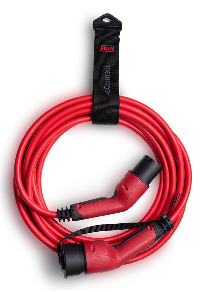 DEFA eConnect Rotes Verlängerungskabel, Typ 2–Typ 2, 3-phasig 32 A 22 kW, Mode 3, Abgewinkelt, 5 m, IP44 – Rot
