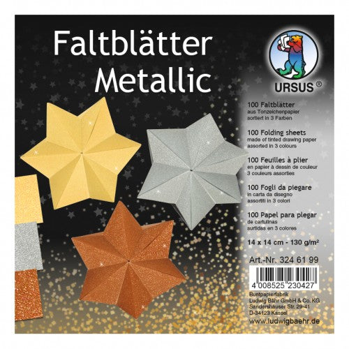 URSUS Origamipapier Metallic – 14 × 14 cm, mehrfarbig, 130 g/m² – 100 Blatt
