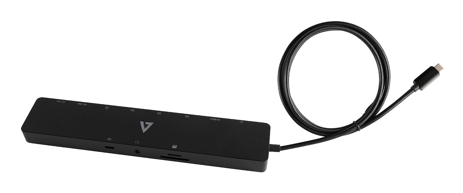 V7 UCPT2D Dockingstation – USB-C, 2× HDMI, 3× USB-A, 2× USB-C, 18 W PD, GbE, SD/microSD, für Windows/Mac