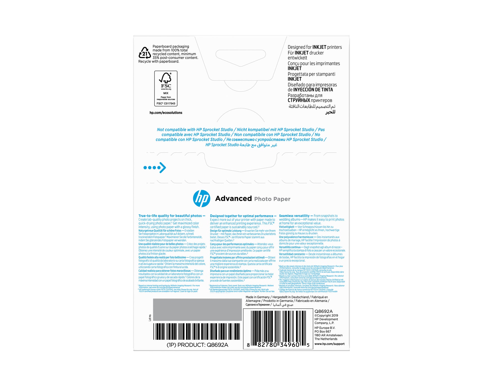 HP Fotopapier – hochglänzend, 100 × 150 mm, 250 g/m², 100 Blatt – für Inkjet-Drucker