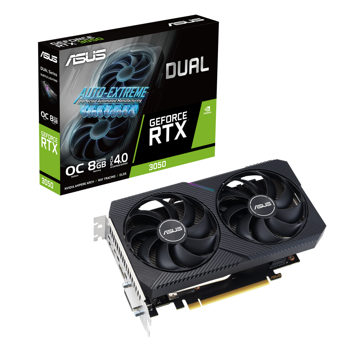 ASUS DUAL RTX3050 O8G V2 – Grafikkarte – 8 GB GDDR6, PCIe 4.0, 1852 MHz Boost, 1×HDMI, 1×DP, 2×Lüfter, 200 mm