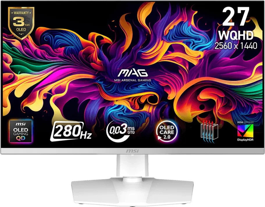 MSI MAG 272QPWDE QD-OLED X28 – 26,5", 2560 × 1440 (WQHD), OLED, 280 Hz, USB-C 15 W, DisplayHDR 400 True Black