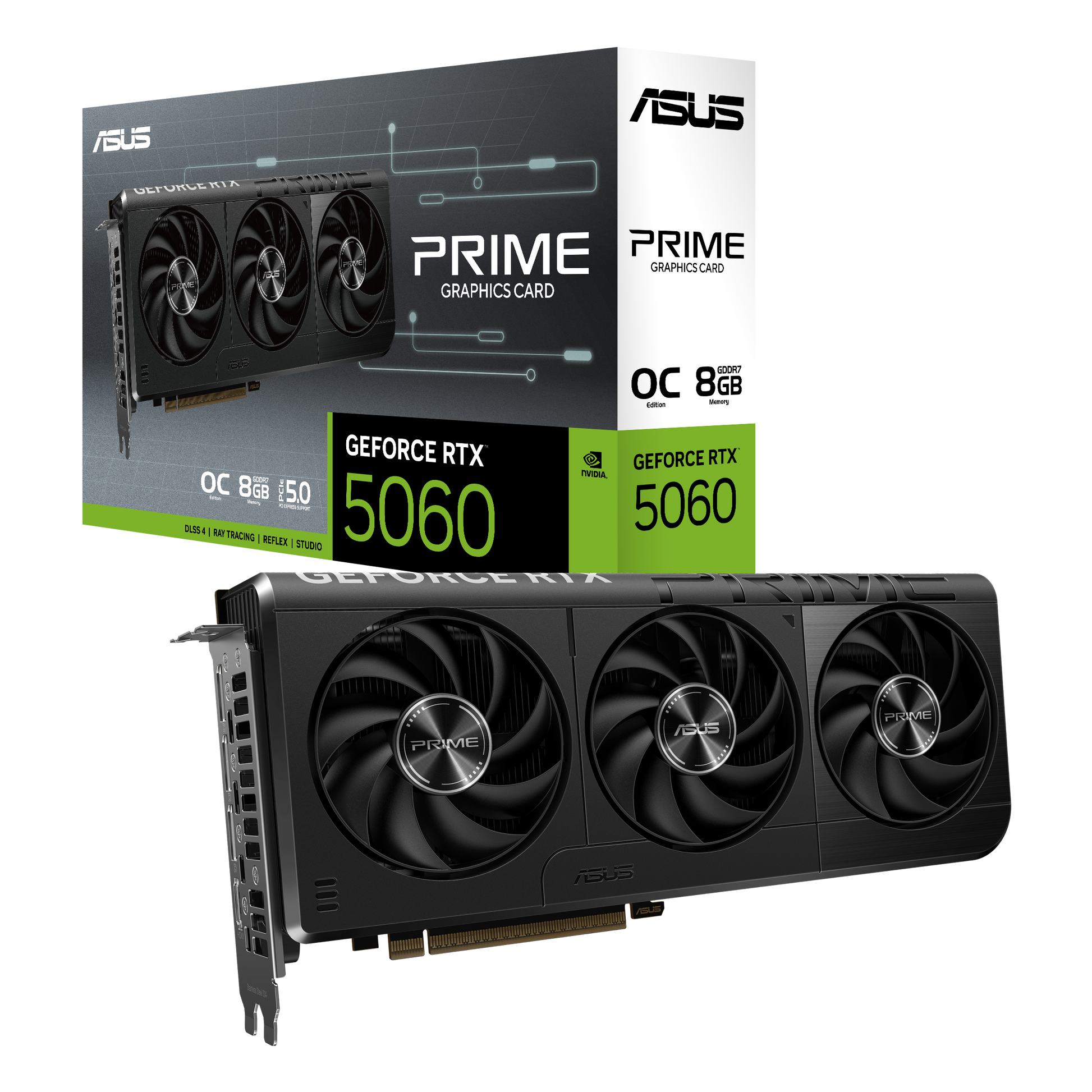 ASUS Grafikkarte – PRIME-RTX5060-O8G, GeForce RTX 5060, 8 GB GDDR7, 128 Bit, 3×DP/1×HDMI, PCIe 5.0, 3 Lüfter