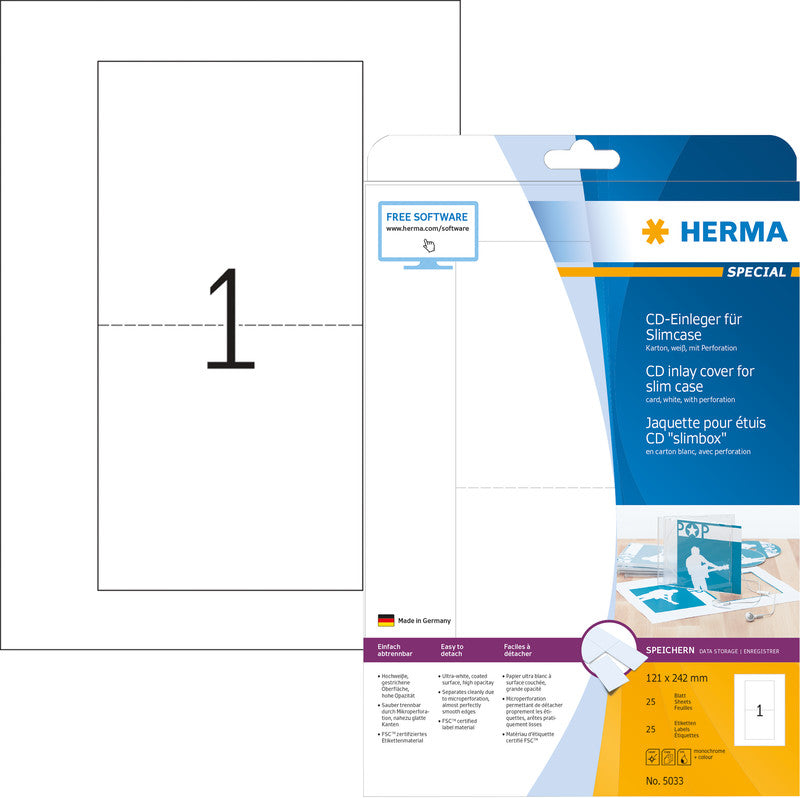 HERMA Druckkarten A4 (121 × 242 mm), 170 g/m², weiss, Karton – für Inkjet, Laser, Kopierer – 25 Karten