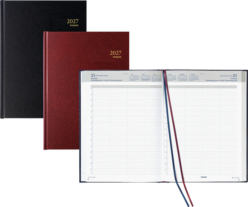 Brepols Bremax 2 Agenda – 1 Tag/2 Seiten, gebunden, 21 × 29 cm, 2026, 1/4-Stunden-Takt, Bordeaux, FSC