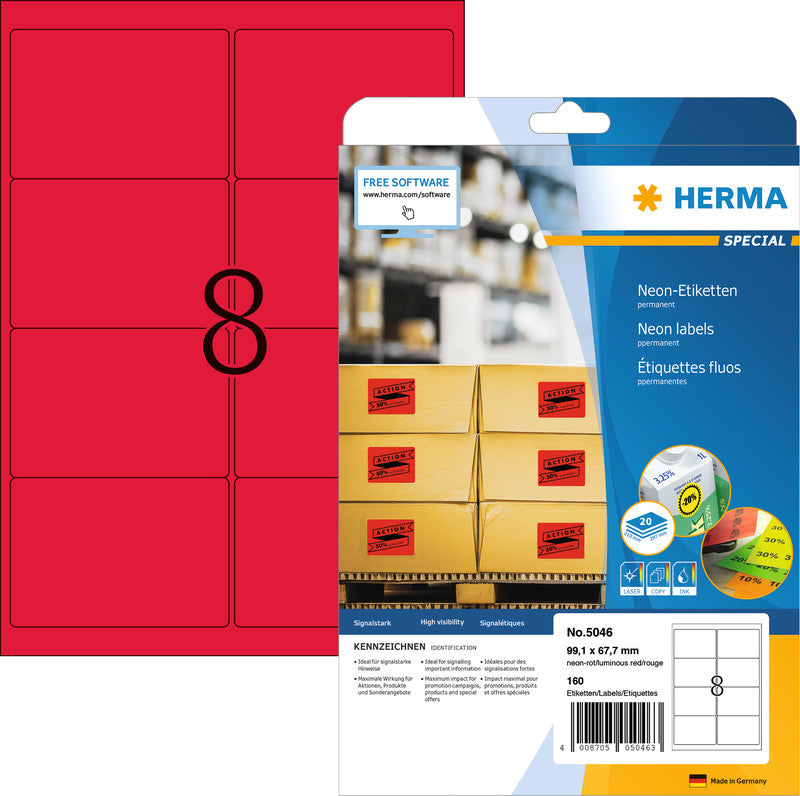 HERMA Etiketten, 99 mm × 68 mm, neonrot, Papier, permanent, 160 Etiketten (20 Blatt)