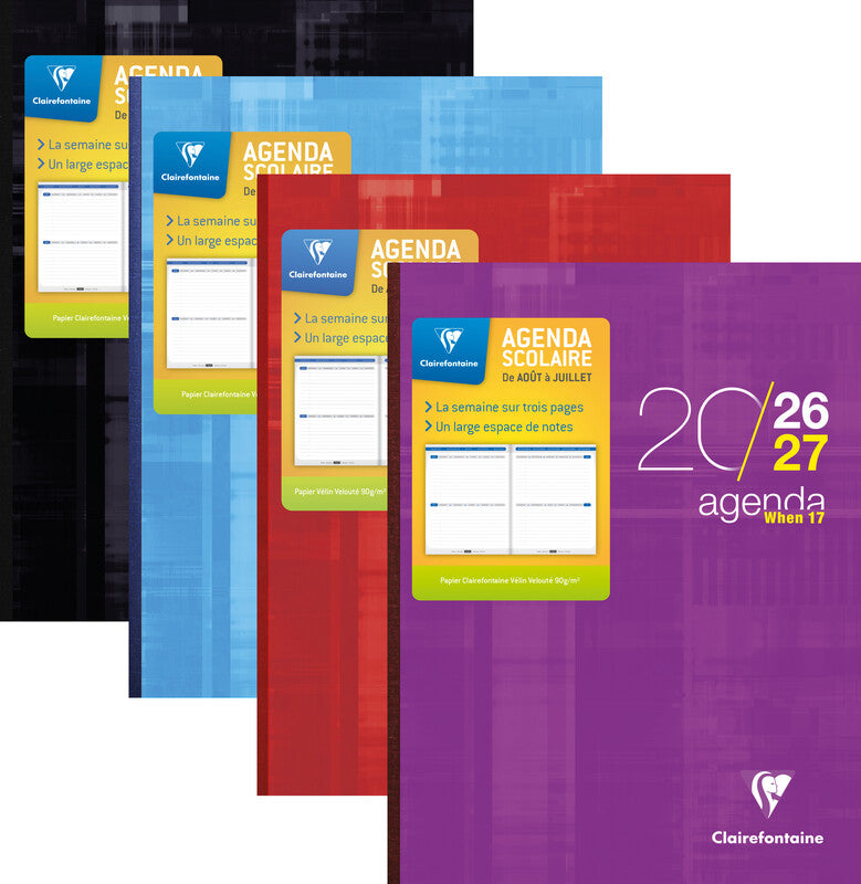 Clairefontaine When 17 Schüleragenda – 1 Woche/3 Seiten, gebunden, 17 × 22 cm, Aug–Jul, sortiert, PEFC